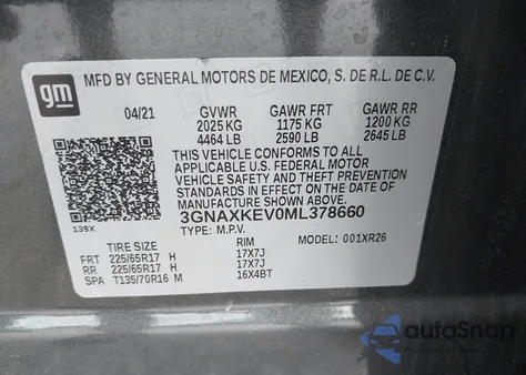 2021 Chevrolet Equinox Fwd Lt from USA, damaged, VIN 3GNAXKEV0ML378660